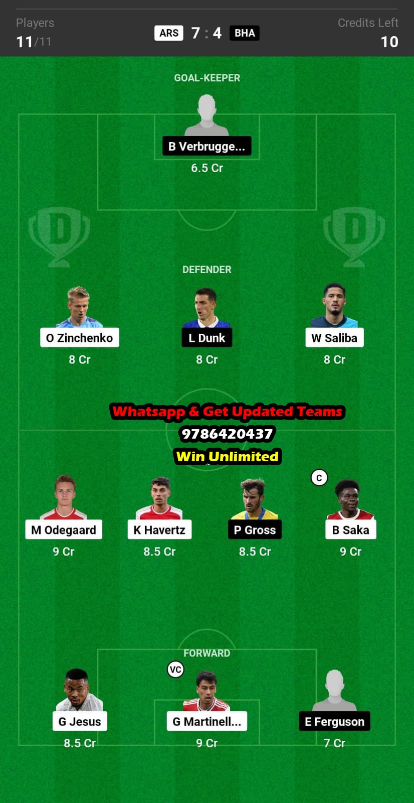 ARS vs BHA Dream11 Team fantasy Prediction Premier League