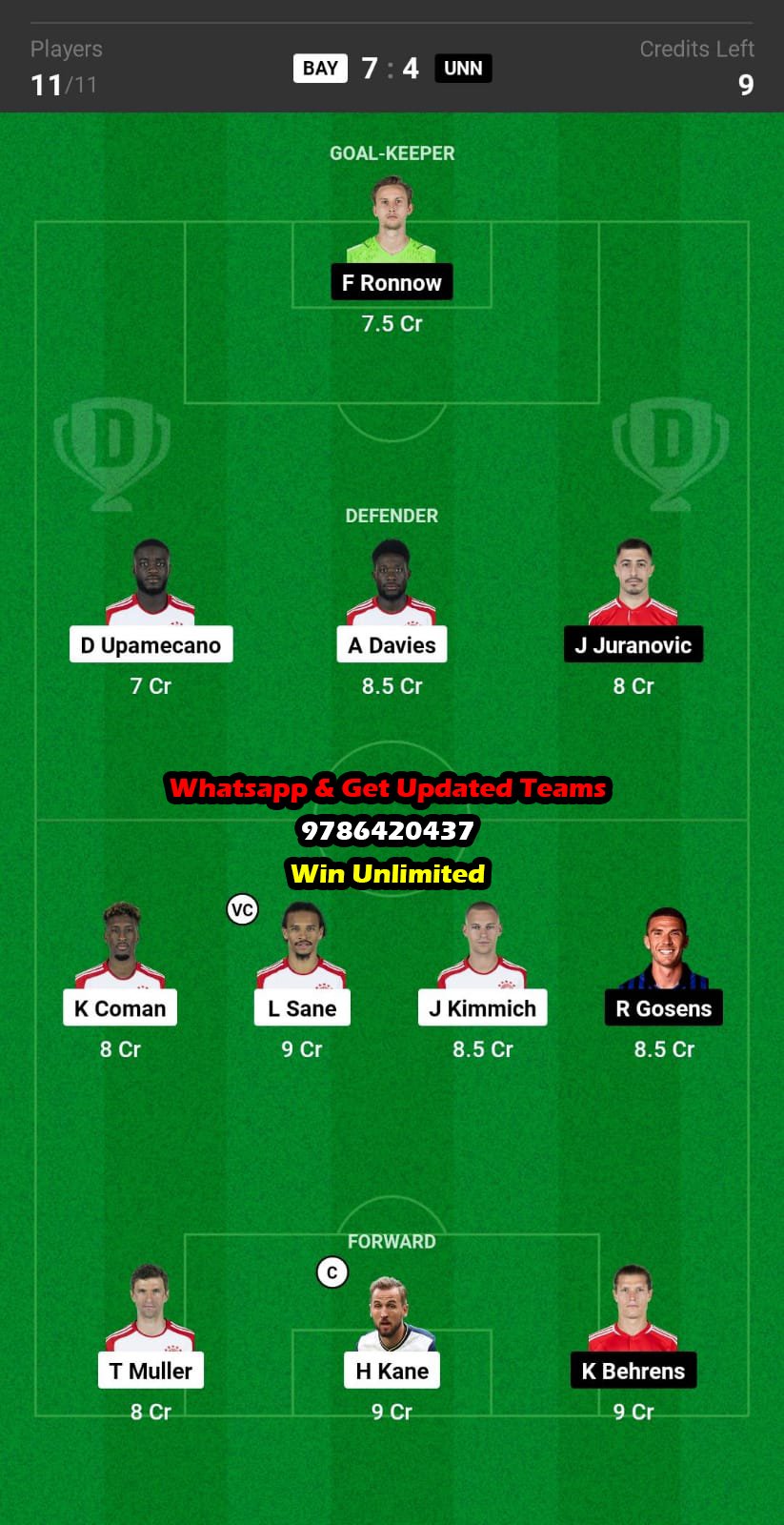 BAY vs UNN Dream11 Team fantasy Prediction Bundesliga