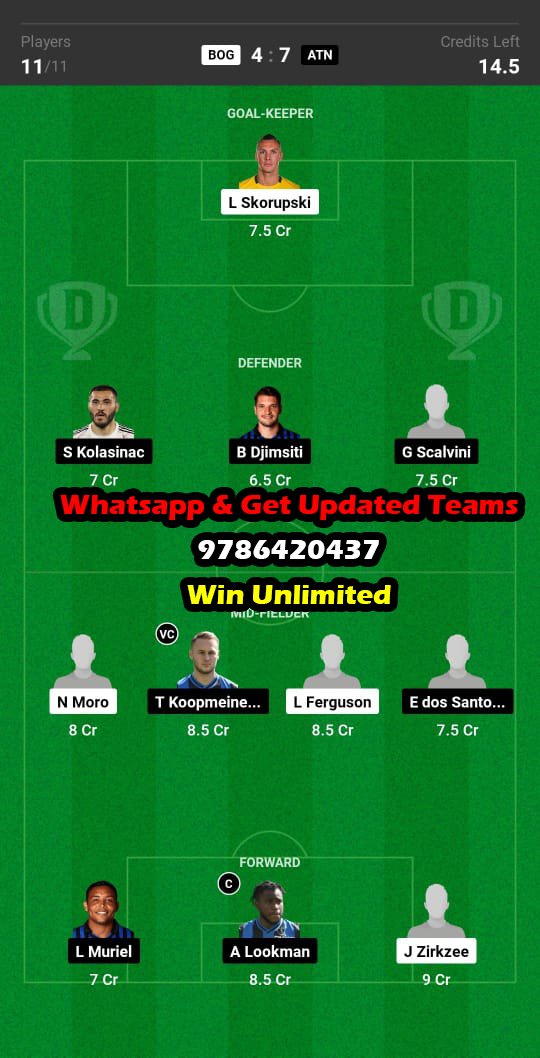 BOG vs ATN Dream11 Team fantasy Prediction Serie A