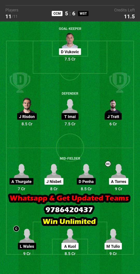 CCM vs WST Dream11 Team fantasy Prediction A League