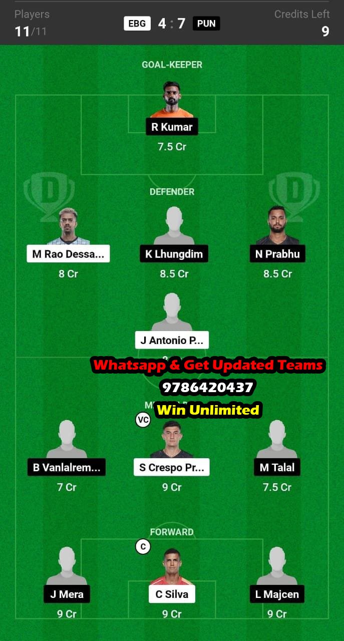 EBG vs PUN Dream11 Team fantasy Prediction Indian Football League