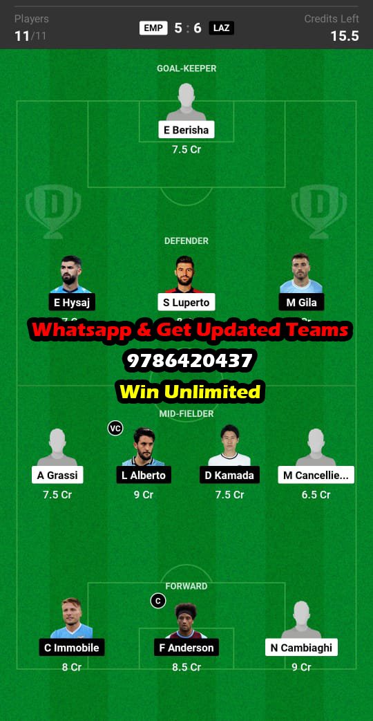 EMP vs LAZ Dream11 Team fantasy Prediction Serie A