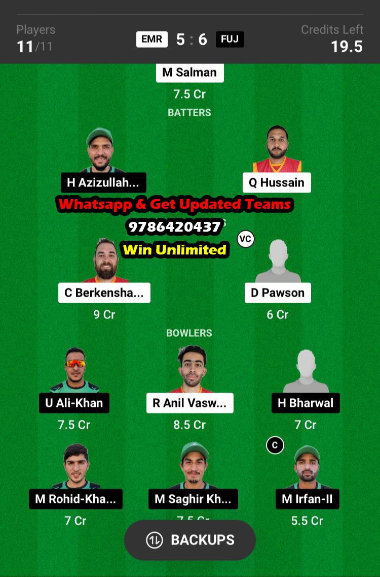 EMR vs FUJ 31st Match Dream11 Team fantasy Prediction Emirates D10 2023