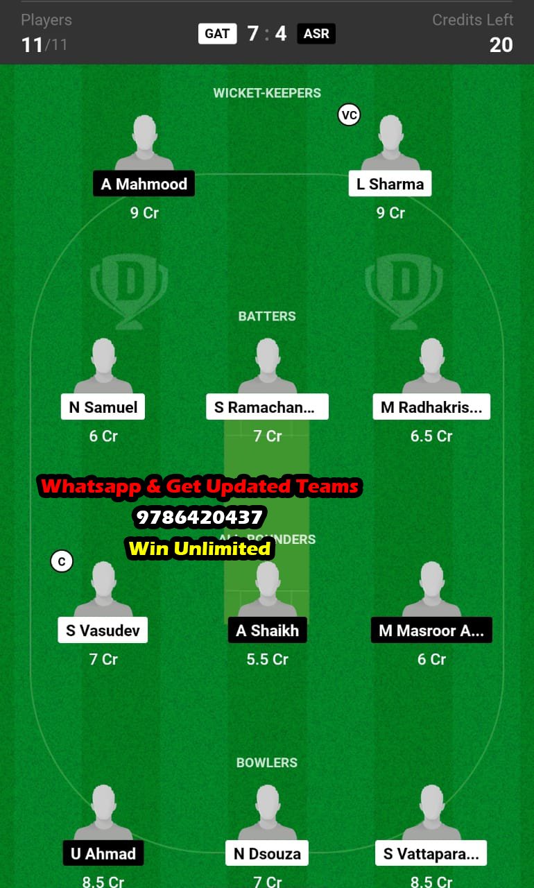 GAT vs ASR 25th Match Dream11 Team fantasy Prediction KCC T20 Challengers Cup 2023