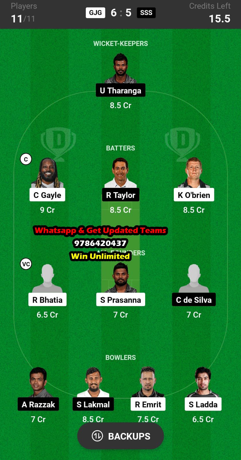 GJG vs SSS 14th Match Dream11 Team fantasy Prediction Legends League Cricket T20 2023