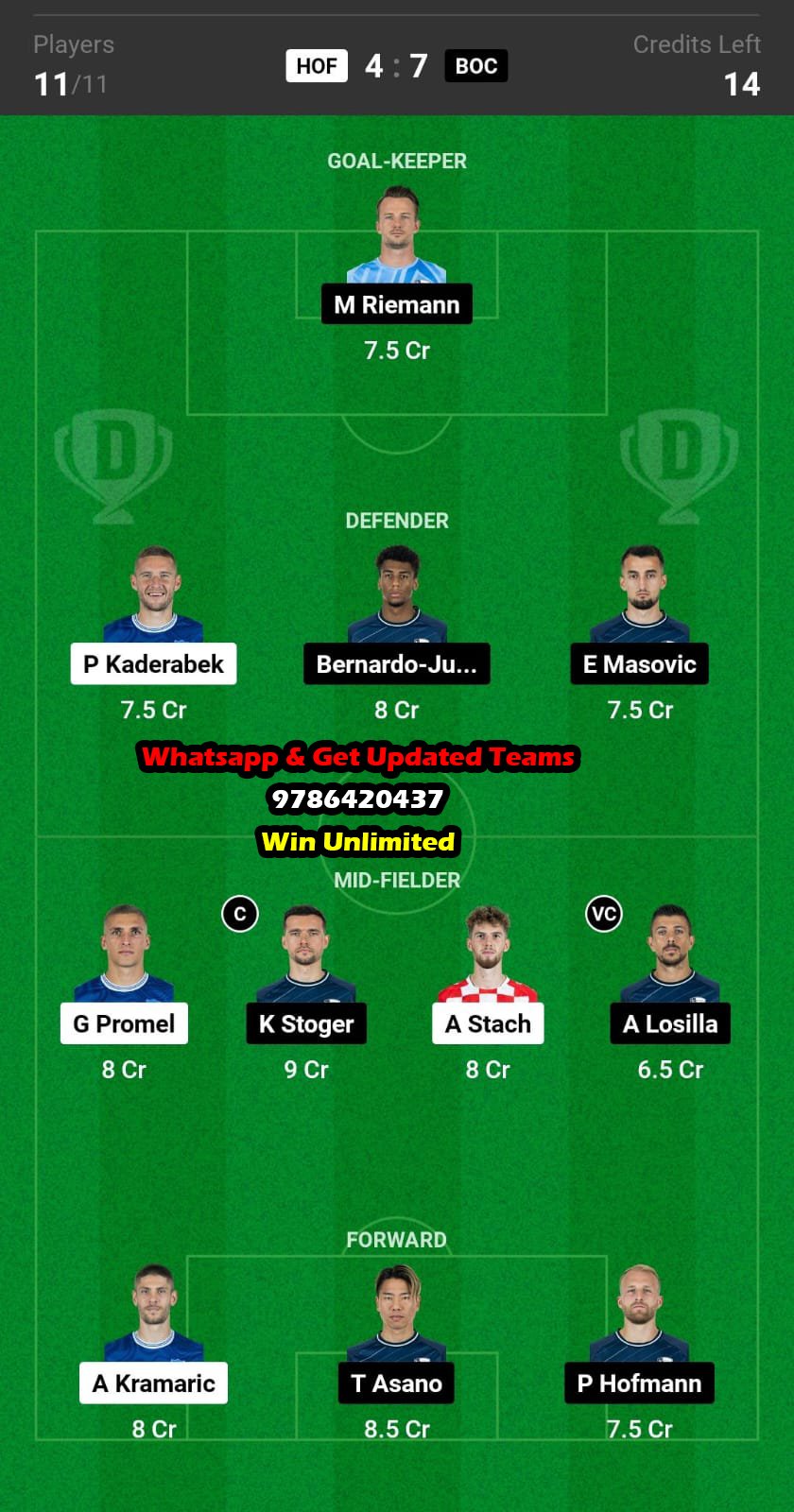 HOF vs BOC Dream11 Team fantasy Prediction Bundesliga