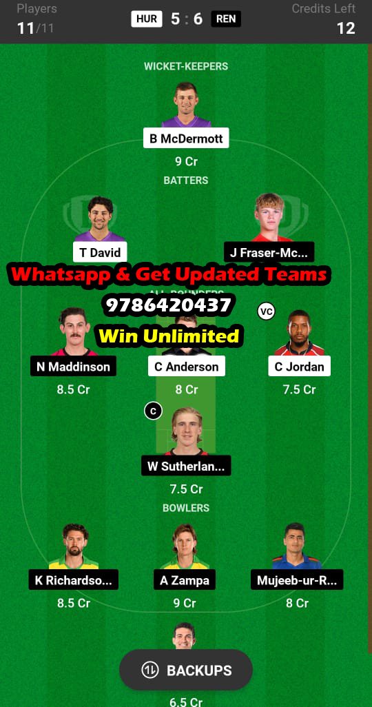 HUR vs REN 12th Match Dream11 Team fantasy Prediction Australian T20 League Bash 2023