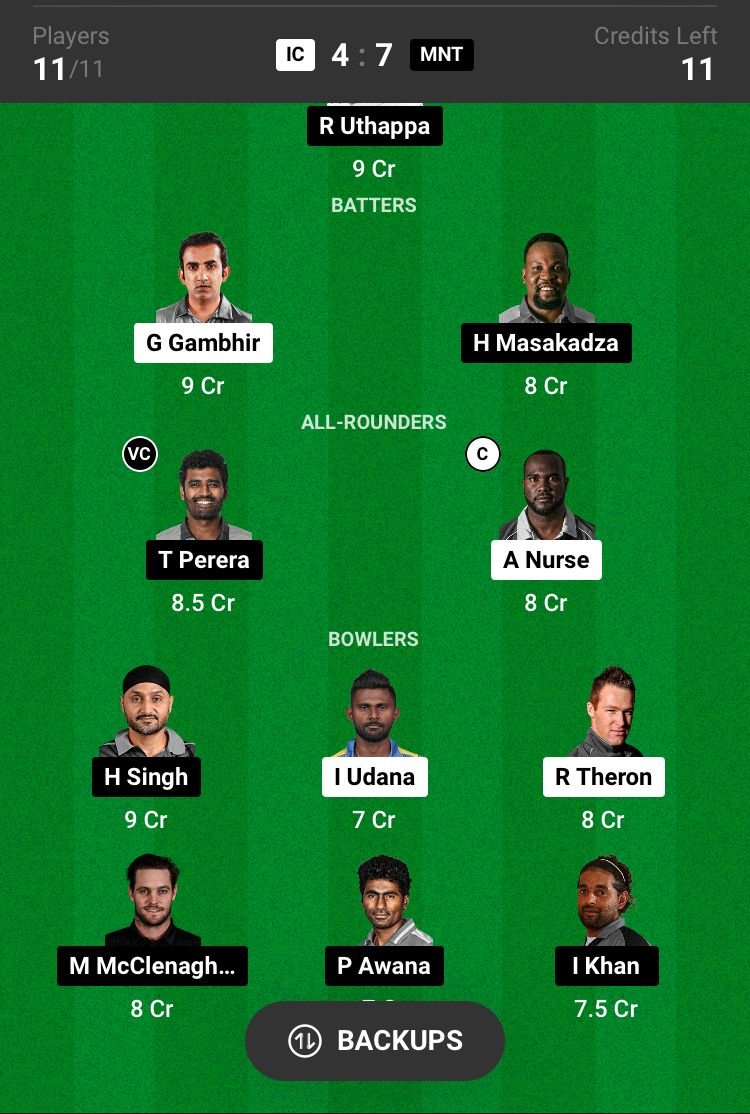 IC vs MNT 13th Match Dream11 Team fantasy Prediction Legends League Cricket T20 2023