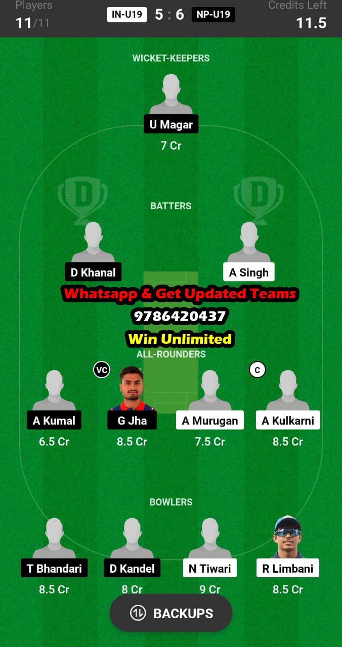 IN-U19 vs NP-U19 10th Match Dream11 Team fantasy Prediction U-19 Asia Cup 2023