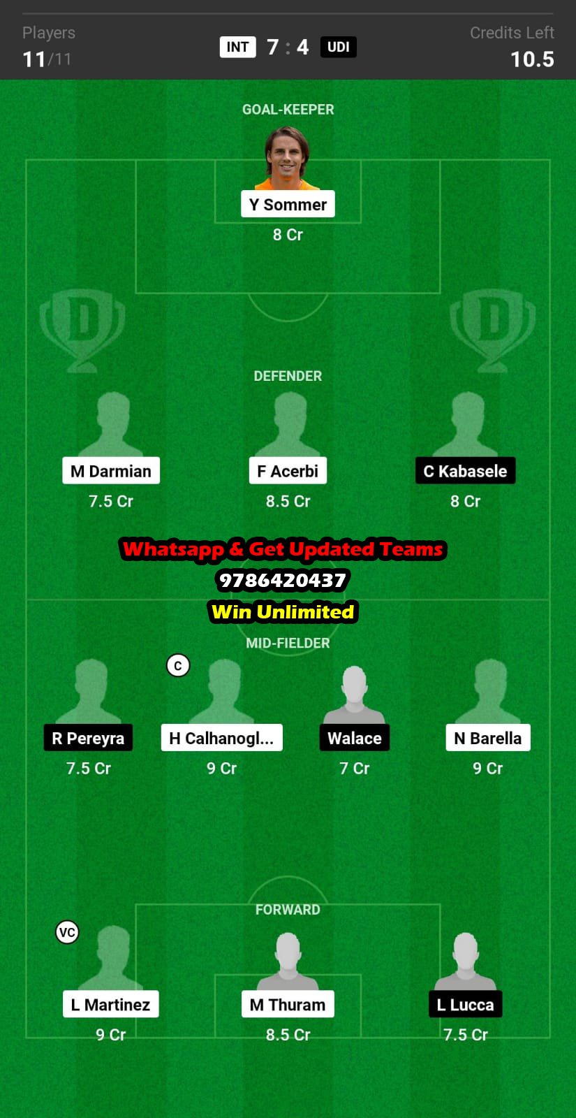 INT vs UDI Dream11 Team fantasy Prediction Serie A
