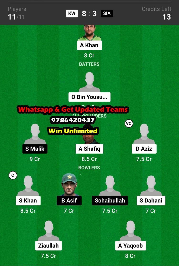 KW vs SIA 20th Match Dream11 Team fantasy Prediction Pakistan T20 Cup 2023