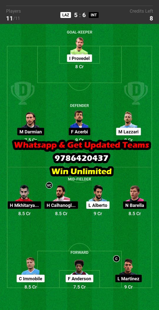 LAZ vs INT Dream11 Team fantasy Prediction Serie A