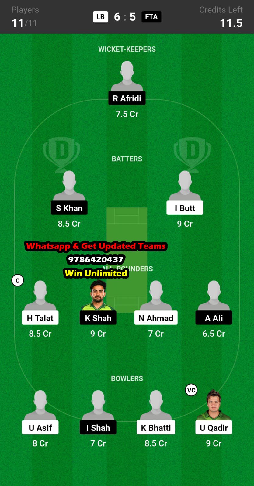 LB vs FTA 18th Match Dream11 Team fantasy Prediction Pakistan T20 Cup 2023