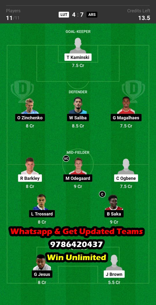 LUT vs ARS Dream11 Team fantasy Prediction Premier League