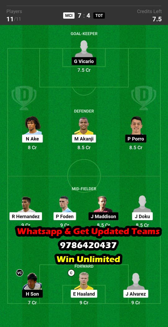 MCI vs TOT Dream11 Team fantasy Prediction Premier League