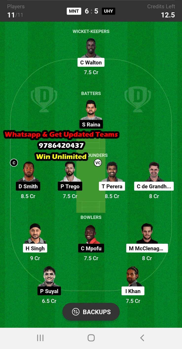 MNT vs UHY 15th Match Dream11 Team fantasy Prediction Legends League Cricket T20 2023