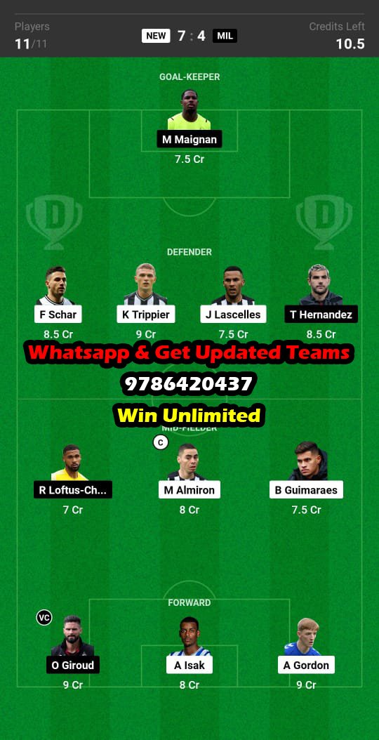 NEW vs MIL Dream11 Team fantasy Prediction UEFA Champions League