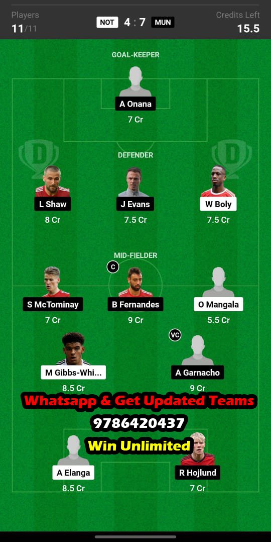 NOT vs MUN Dream11 Team fantasy Prediction Premier League