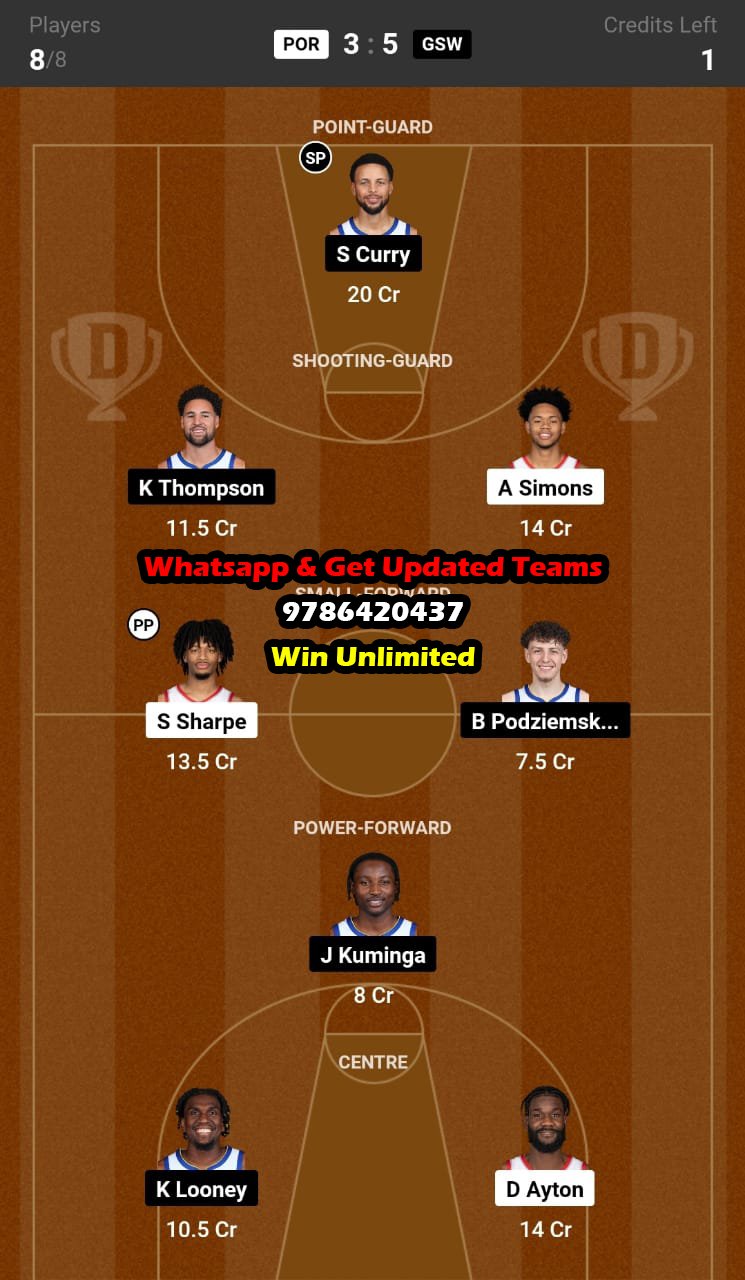 POR vs GSW Dream11 Team fantasy Prediction NBA