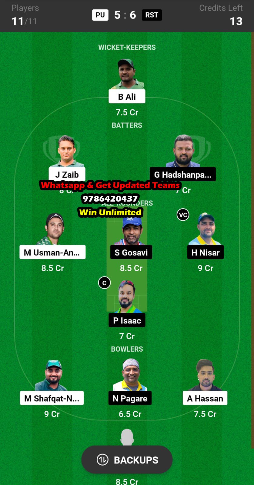 PU vs RST 11th Match Dream11 Team fantasy Prediction Grand Rumble T10 Championship 2023