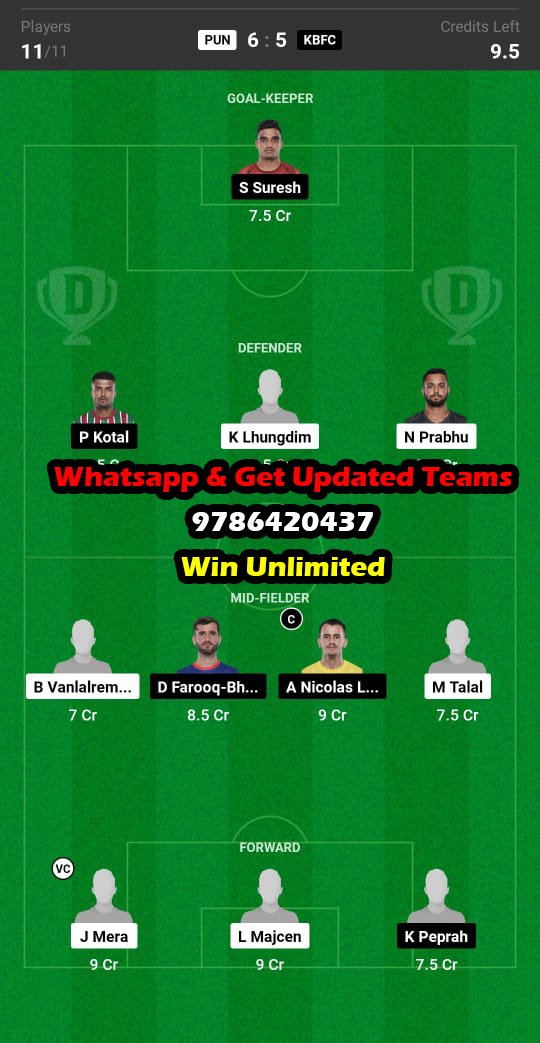 PUN vs KBFC Dream11 Team fantasy Prediction Indian Football League