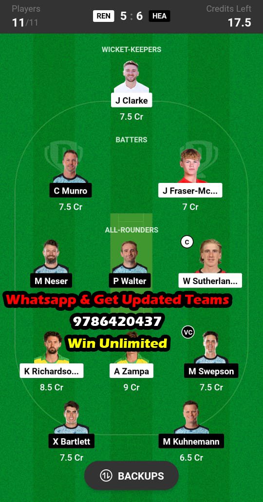 REN vs HEA 10th Match Dream11 Team fantasy Prediction Australian T20 League Bash 2023