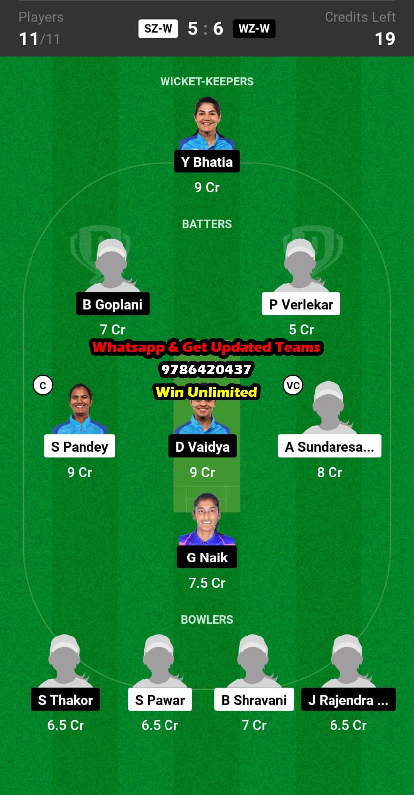 SZ-W vs WZ-W 14th Match Dream11 Team fantasy Prediction Indian Women Inter Zonal T20 Trophy 2023