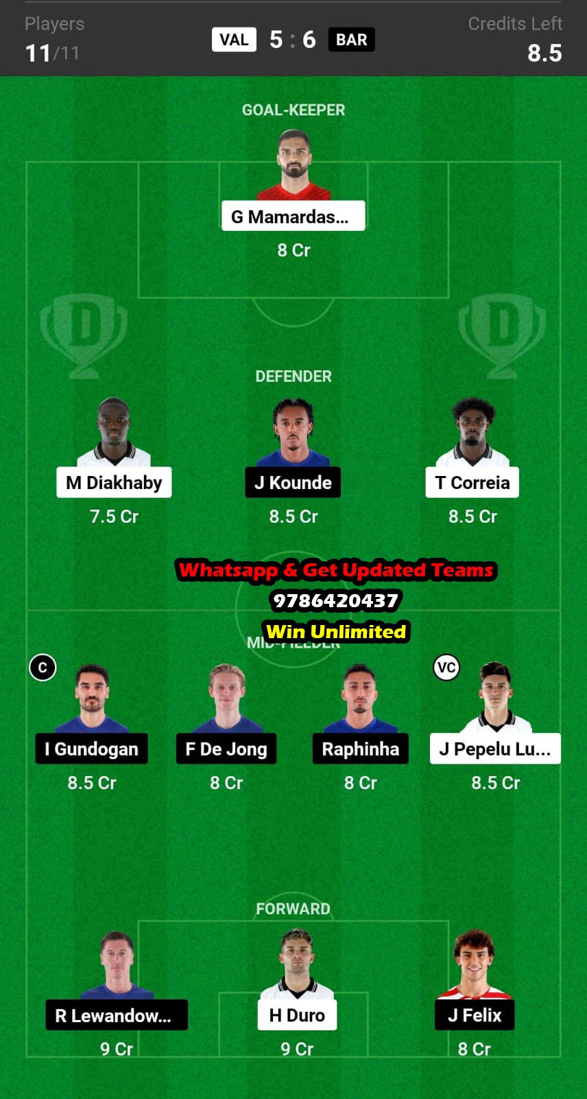 VAL vs BAR Dream11 Team fantasy Prediction LaLiga EA Sports