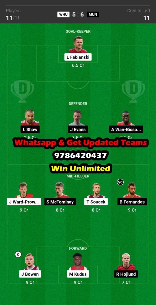 WHU vs MUN Dream11 Team fantasy Prediction Premier League