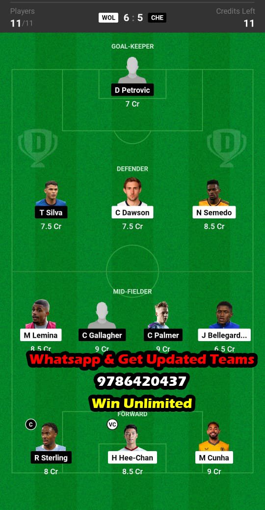 WOL vs CHE Dream11 Team fantasy Prediction Premier League