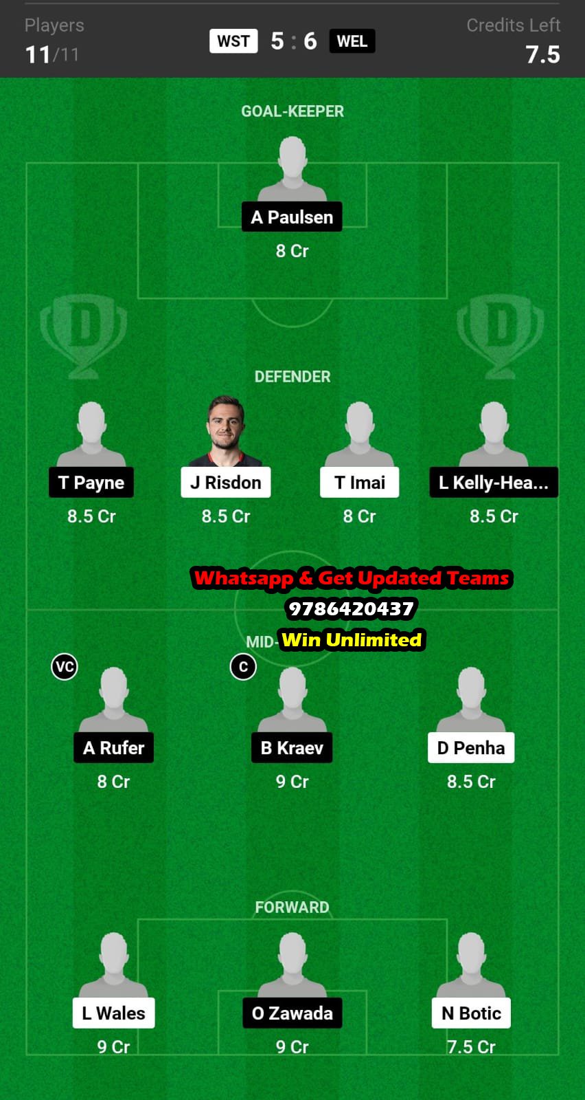 WST vs WEL Dream11 Team fantasy Prediction A league