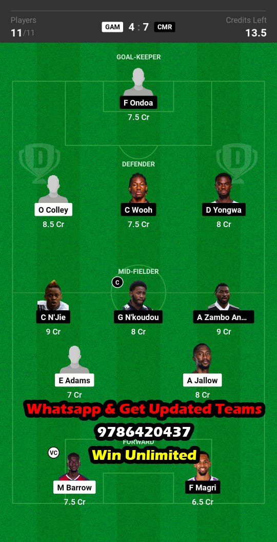 GAM vs CMR Dream11 Team fantasy Prediction African Cup of Nations