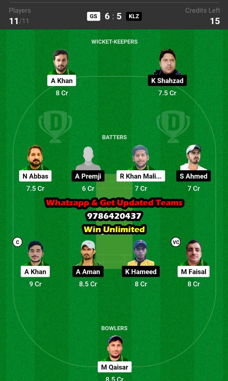 GS vs KLZ 22nd Match Dream11 Team fantasy Prediction Grand Rumble T10 Championship 2023