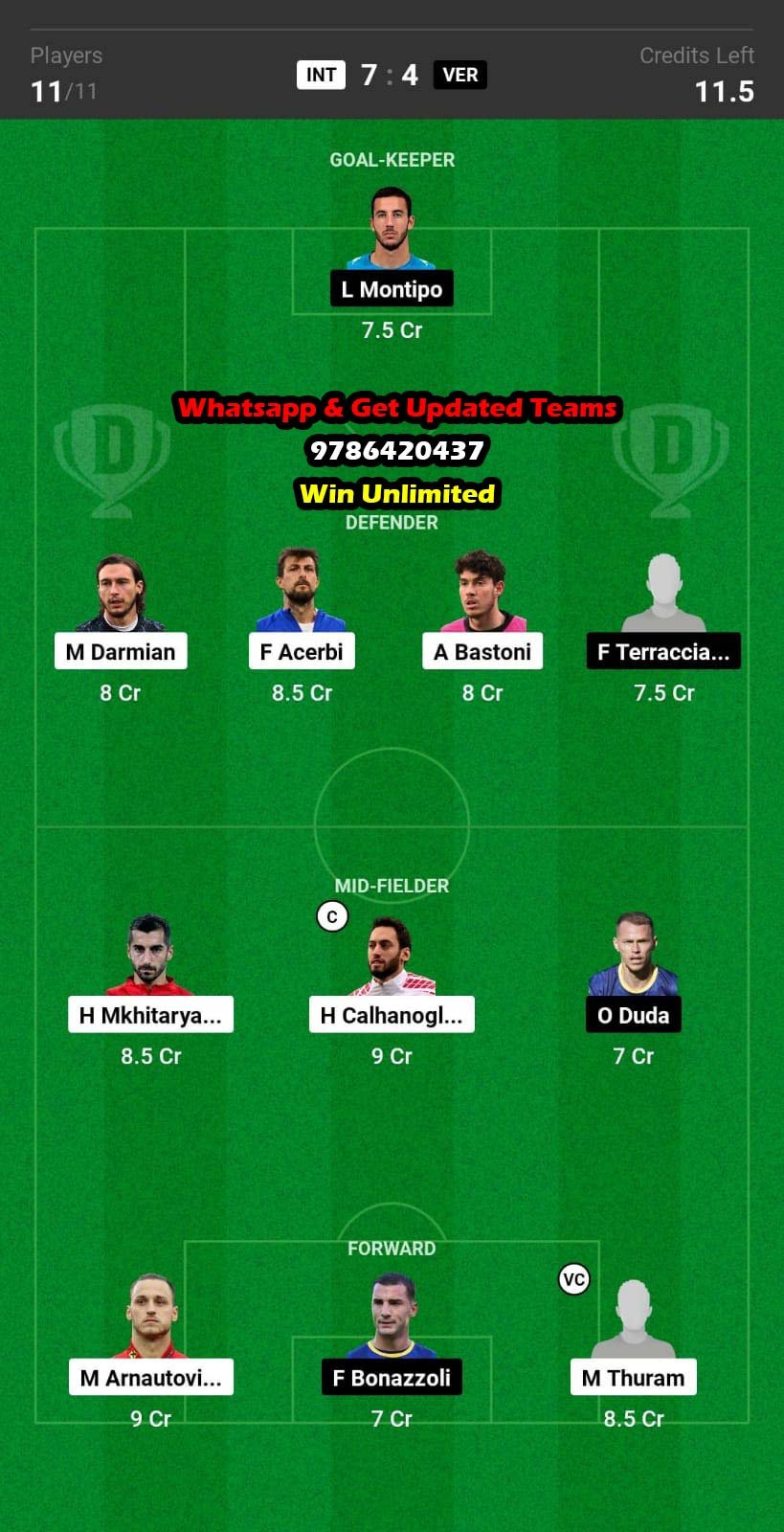 INT vs VER Dream11 Team fantasy Prediction Serie A