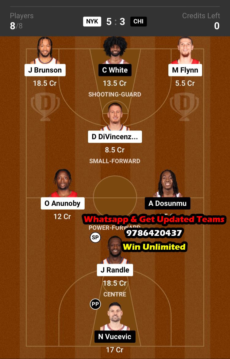 NYK vs CHI Dream11 Team fantasy Prediction NBA