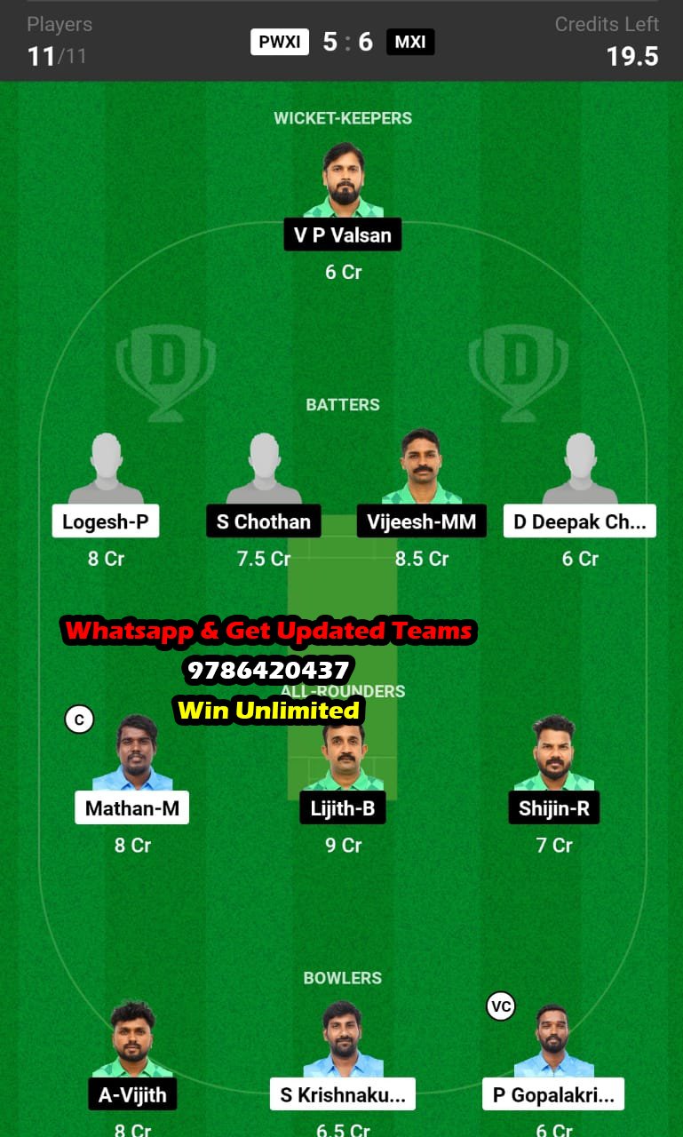 PWXI vs MXI 21st Match Dream11 Team fantasy Prediction Siechem Pondicherry T20 2024