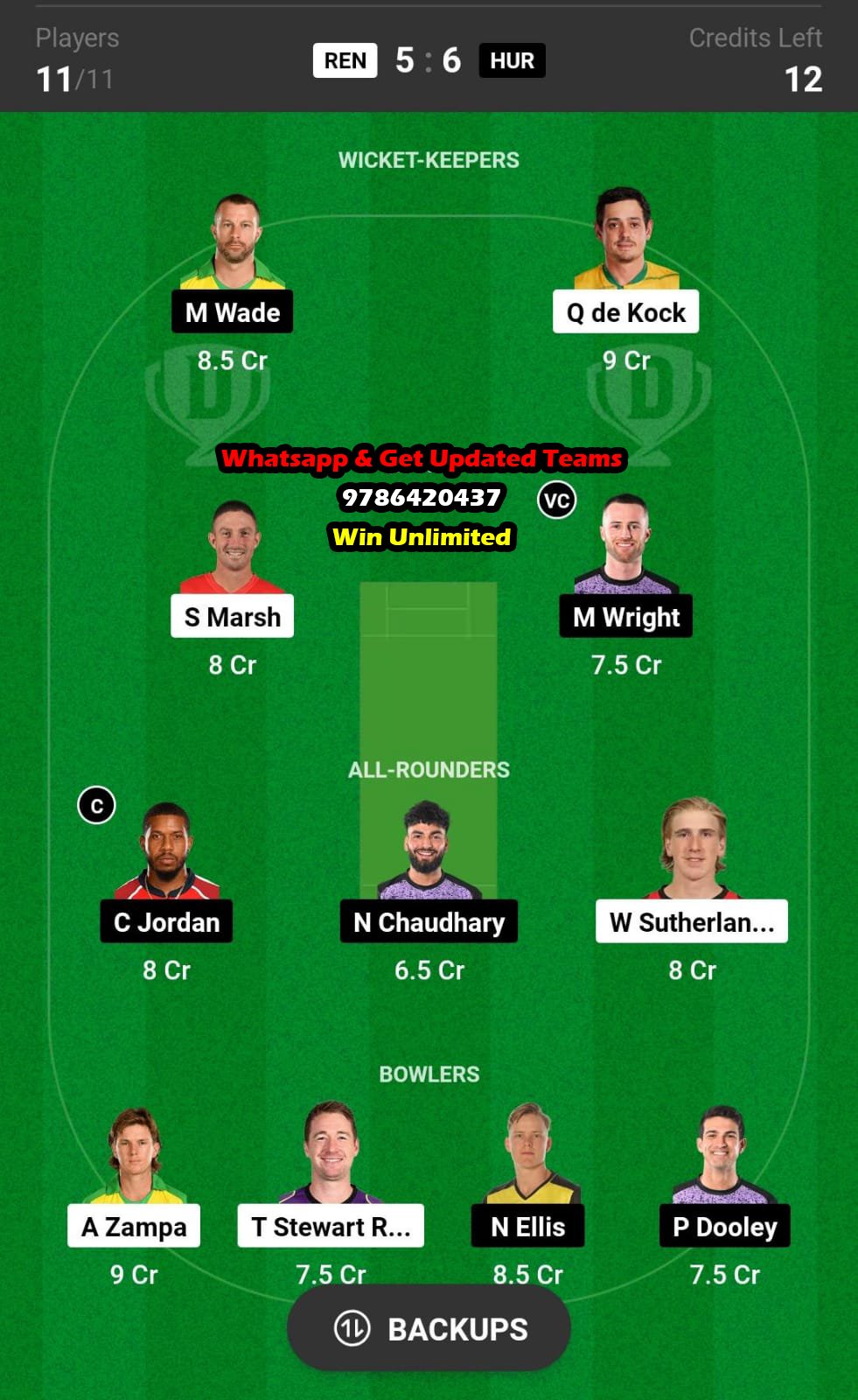 REN vs HUR 26th Match Dream11 Team fantasy Prediction Australian T20 League Bash 2023