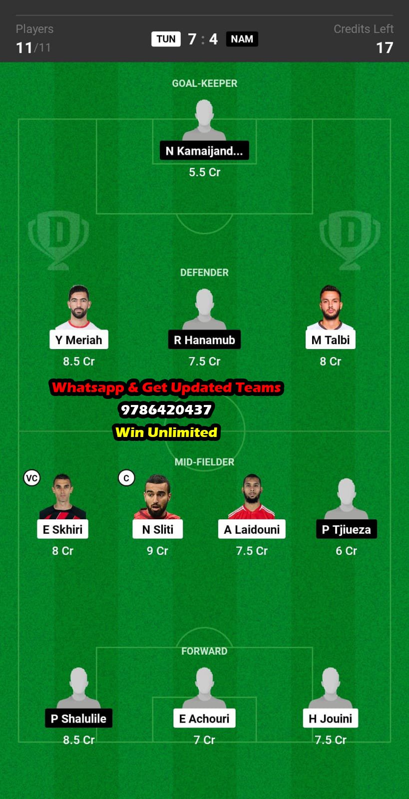TUN vs NAM Dream11 Team fantasy Prediction African Cup of Nations