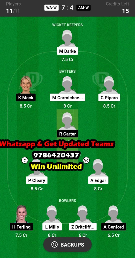 WA-W vs AM-W 24th Match Dream11 Team fantasy Prediction Australian Women's ODD 2023