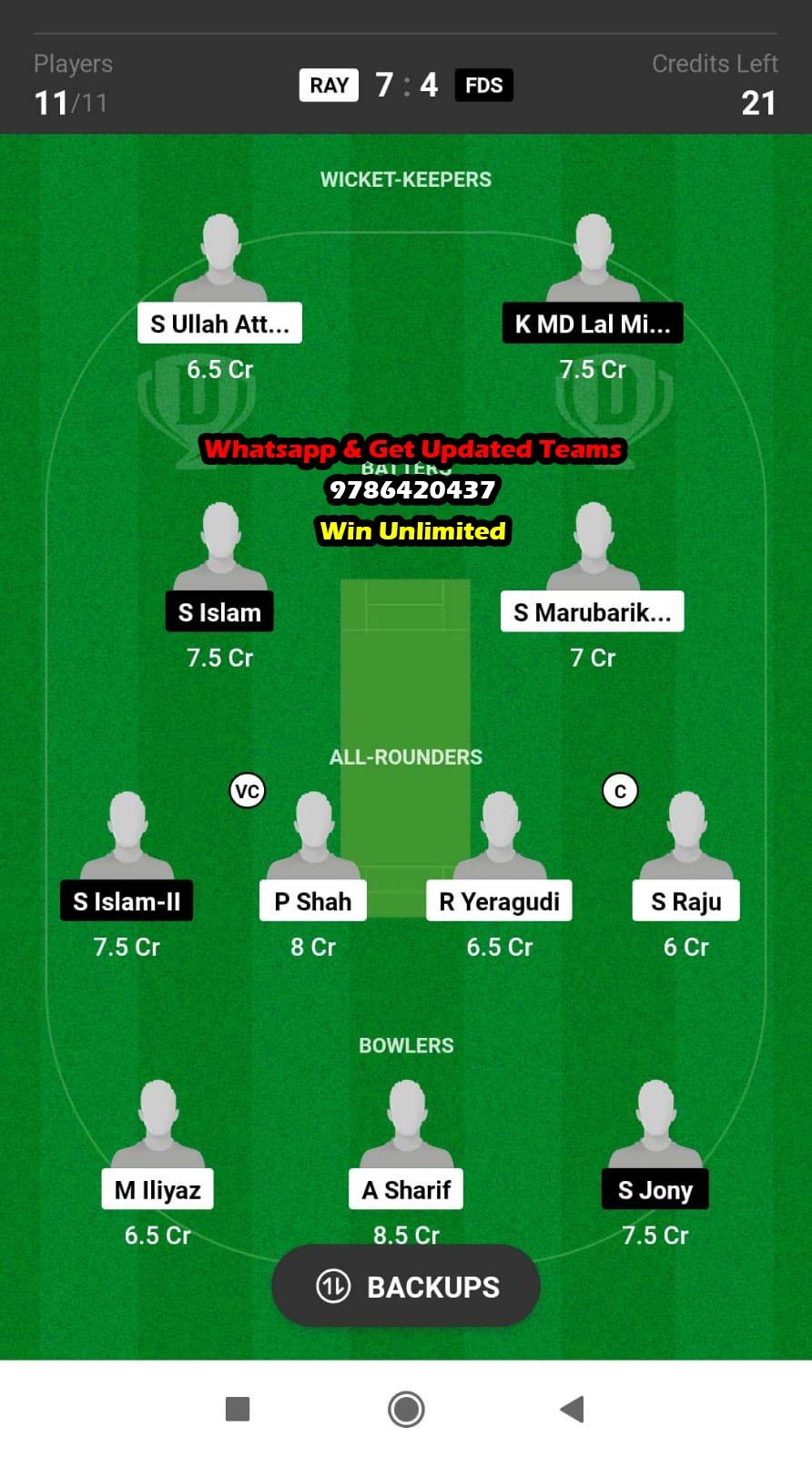 RAY vs FDS 35th Match Dream11 Team fantasy Prediction KCC T20 Challengers Cup 2024